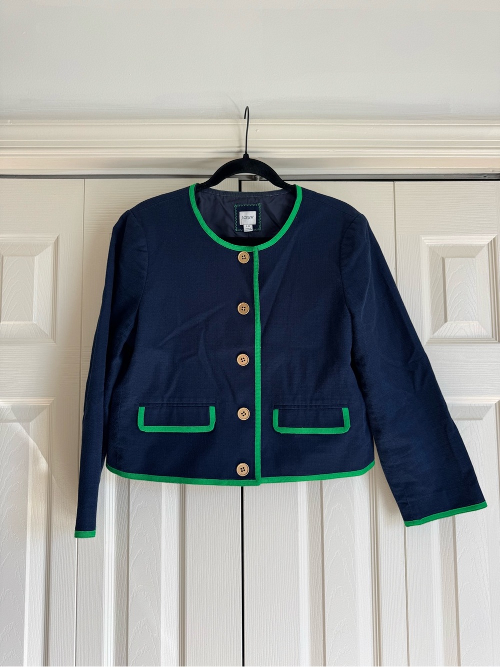 J.Crew Factory Tipped Lady Jacket Basketweave Navy Blazer Size 14